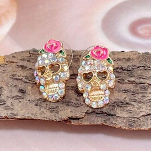 Sugar Skull Stud Earrings Rhinestones and Roses Gold Tone - Picture 1 of 2